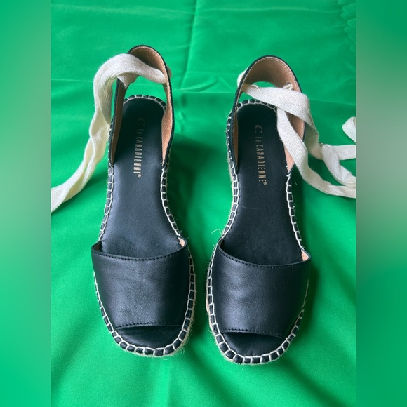 La CANADIENNE Espadrilles Sandals Lace Up Leather Black with White Trim Size 7 - Picture 1 of 14